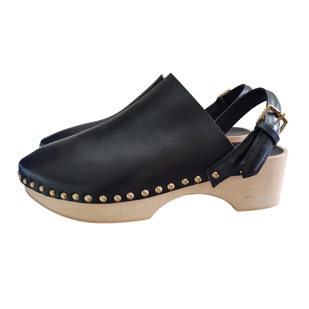 Ulla Johnson Black Leather Studded‎ Wooden Clog Slingback Shoes Women Size 40